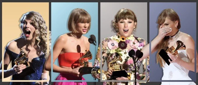 collage of four photos of taylor swift, each time she won the grammy for album of the year. the backgrounds and borders of each photo relate to their corresponding era, from left to right: yellow, light blue, light grey, dark blue.