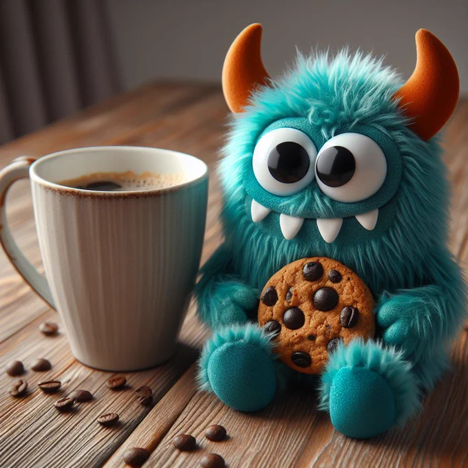 Süßes Mini-Krümelmonster mit großem Keks in der Hand sitzt neben einer Tasse voll Kaffee auf einem Holztisch. Genauso hoch, wie das sitzende Krümelmonster. Ein Paar Kaffeebohnen liegen verstreut auf dem Holztisch (Modell: Schiffsboden)