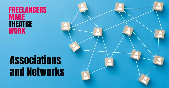 Many small grey boxes with the silhouette of a person are scattered on a blue background. The boxes are linked together in a criss-cross of white lines indicating 'connections.' The words 'Associations and networks' are written in a bold, black font with the red and black Freelancers Make Theatre Work logo above. 
