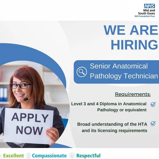 Poster advertising Senior Anatomical Pathology Technician vacancy. Left side of poster a picture of a female person holding a paper printed "Apply Now"