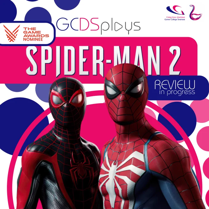 Pink and Blue Spots splatter the backdrop beneath a larger pink banner and circle. Above the Circles sit screen capture shots of Peter Parker's Spiderman and Miles Morales' Spiderman from Spiderman 2. The text on the post reads " GCDS plays The Game Awards Nominee, Spider-Man 2, Review in Progress"