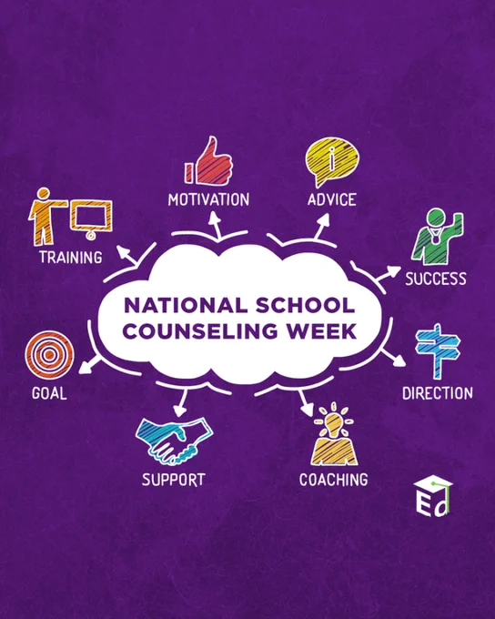 A word cloud graphic that reads "National School Counseling Week" with arrows pointing to graphics reading: Training; Motivation; Advice; Success; Direction; Coaching; Support; Goal. 