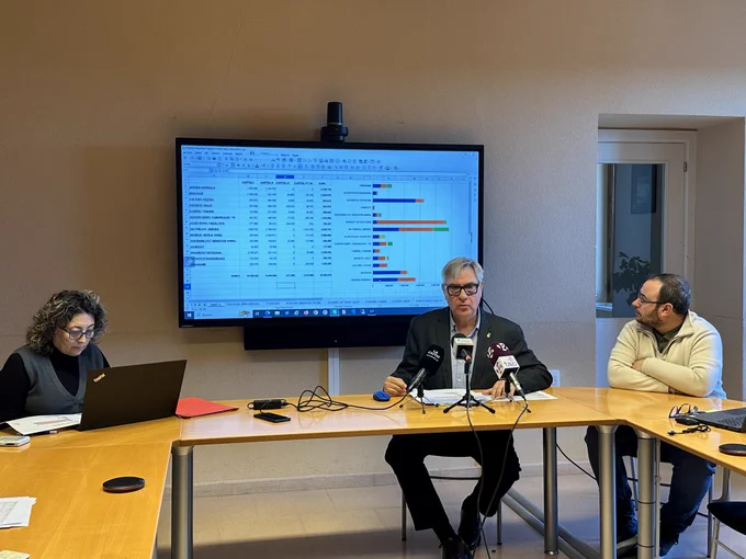 Roda de premsa de presentació de la proposta del pressupost per al 2024. D’esquerra a dreta, M. Carmen Martín (regidora del PSC); Eduard Rovira (alcalde ERC), i Xavier Suàrez (regidor de Junts per Torredembarra).