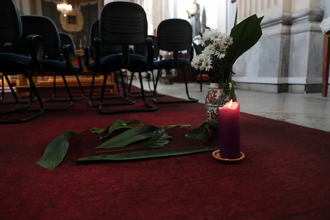 An interior view of Santa Maria Church, the day after two unidentified gunmen opened fire on people attending Sunday services and killed one in Istanbul's Sariyer district, Turkiye on January 29, 2024. (Photo credit: Beyza Cömert - Anadolu Agency)

