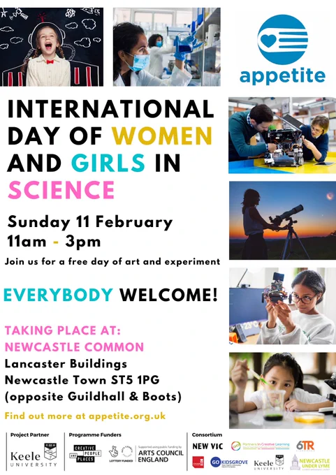 poster for the women and girls in science day showing examples of girls doing science. There will be plenty of tactile exhibits and activities for visitors with visual impairments.