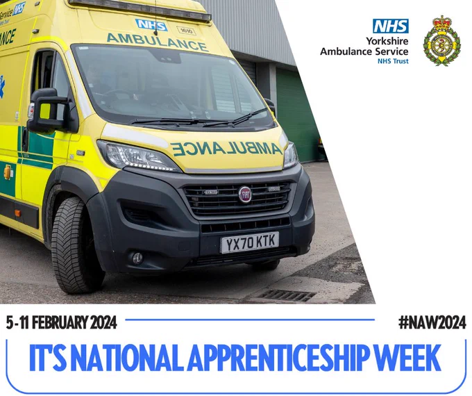 Emergency ambulance vehicle with text on the screen which reads, '5-11 February 2024 #NAW2024 IT'S NATIONAL APPRENTICESHIP WEEK'