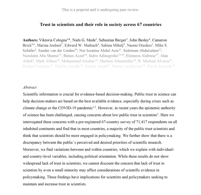 Title, excerpt of author list, and abstract of our preprint "Trust in scientists and their role in society across 67 countries"