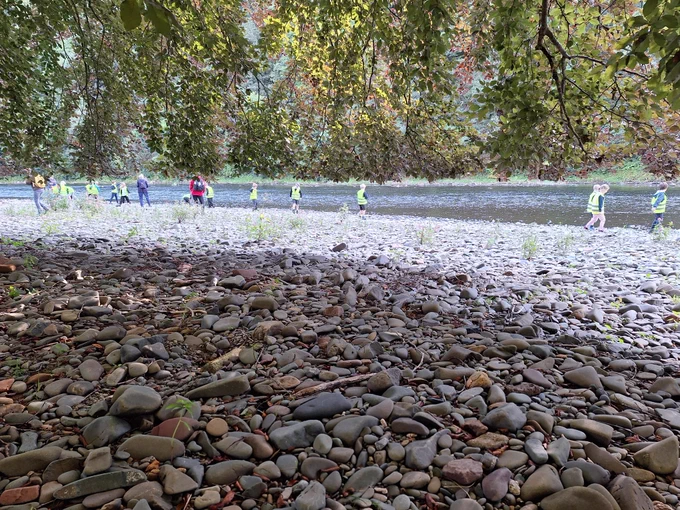 A local primary school visits the river to explore the pebble shore. Credit: Jenny Holmes.