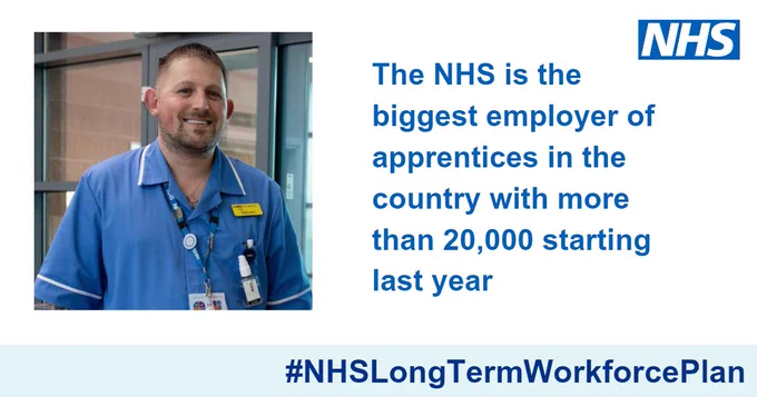 The NHS is the biggest employer of apprentices in the country with more than 20,000 starting last year #NHSLongTermWokrforcePlan