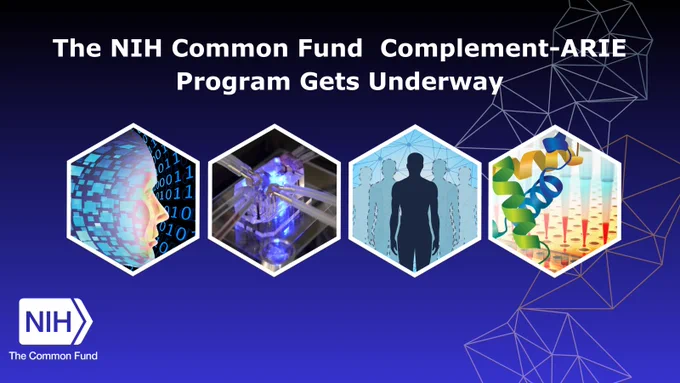 Images representing the ideas of a data ecosystem, in vitro, in silico, in chemico, and AI activities. Text says: “The NIH Common Fund Complement-ARIE Program Gets Underway.” NIH Common Fund logo is shown in the bottom left corner of image. 