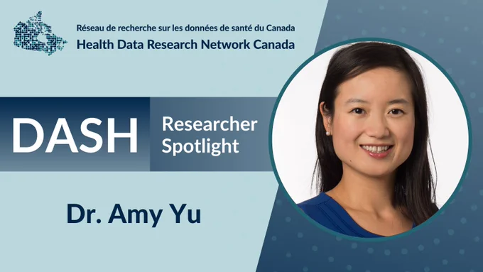 Dr. Amy Yu, a woman with long dark hair. Text reads: DASH Researcher Spotlight. Dr. Amy Yu. HDRN Canada logo at top.