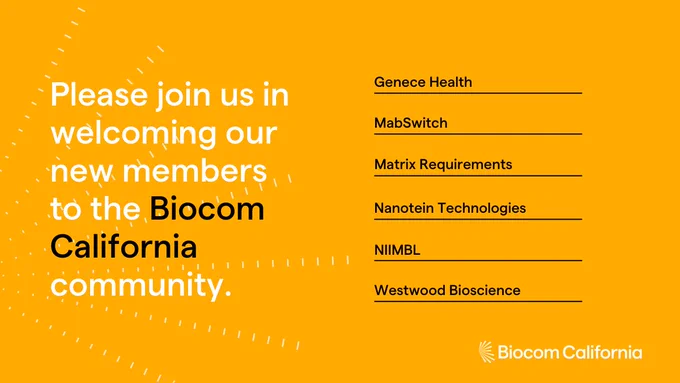 Please join us in welcoming our new members to the Biocom California community: Genece Health, MabSwitch, Matrix Requirements, Nanotein Technologies, NIIMBL, and Westwood Bioscience.