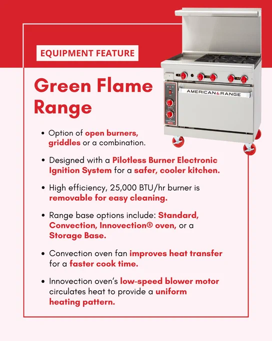 Green Flame Range equipment feature with an image of the range and its features.