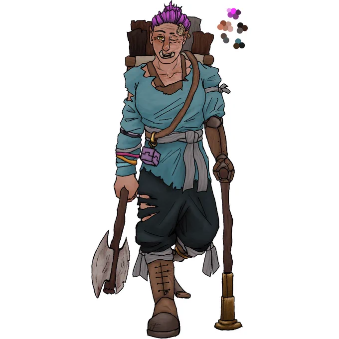 A person with magenta hair in a bun, a ripped cyan shirt and dark grey trousers. They have a gold right eye, their left remaining closed due to an old injury, and tusks, the left being broken in half. They have full limb prosthetics for their left arm and leg and a faded explosion scar that crawls from underneath the prosthetic, up their chest and reaching their left eye. They use a rickety cane and on their back is a box backpack full of logs. In their other hand, they hold a double bladed, chipped and well used axe.