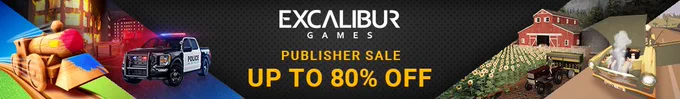 A promo image for the Excalibur Games Publisher Sale which says 'Up to 80% off' and features artwork from Tracks, Flashing Lights, Ranch Sim and Jalopy.