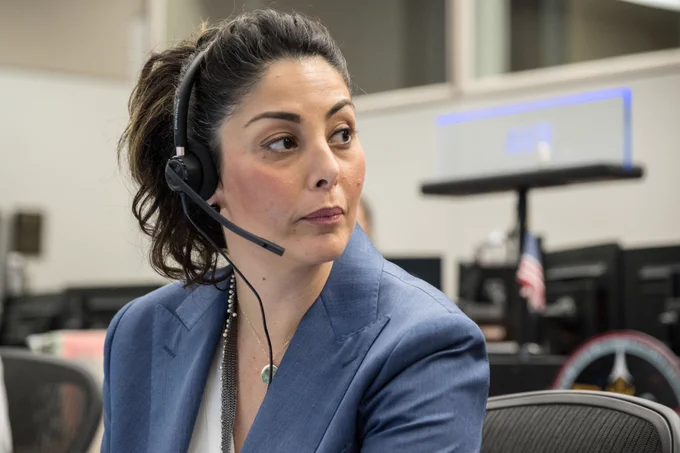 Diana Trujillo during her first shift as Flight Director and team name ceremony in Mission Control Houston. 