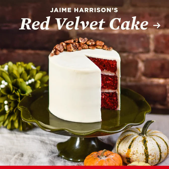 A graphic with an image of a red velvet cake with text that reads: 

Jaime Harrison's Red Velvet Cake

