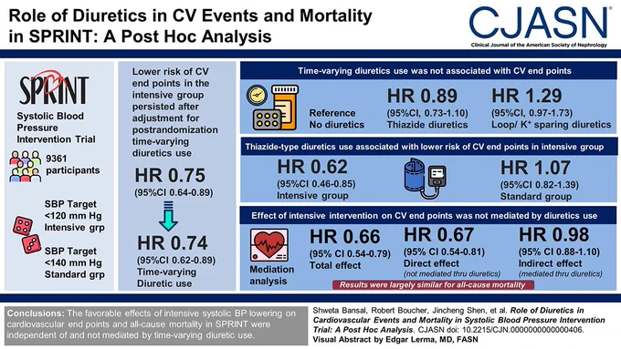 Visual Abstract for the article titled "Role of Diuretics in Cardiovascular Events and Mortality in Systolic Blood Pressure Intervention Trial"
