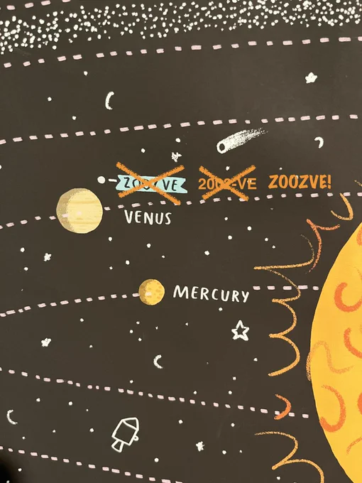 Kids solar system poster with a dot near venus labeled Zoozve, then crossed out, then 2002-VE written in, then crossed out, and then Zoozve! again written in.