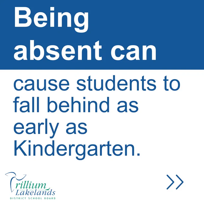 A blue and white background with the TLDSB logo and text that says Being absent can cause students to fall behind as early as Kindergarten.