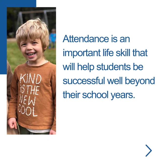 A smiling young boy wearing a brown t-shirt that says Kind is the new cool. Text says Attendance is an important life skill that will help students be successful well beyond their school years.