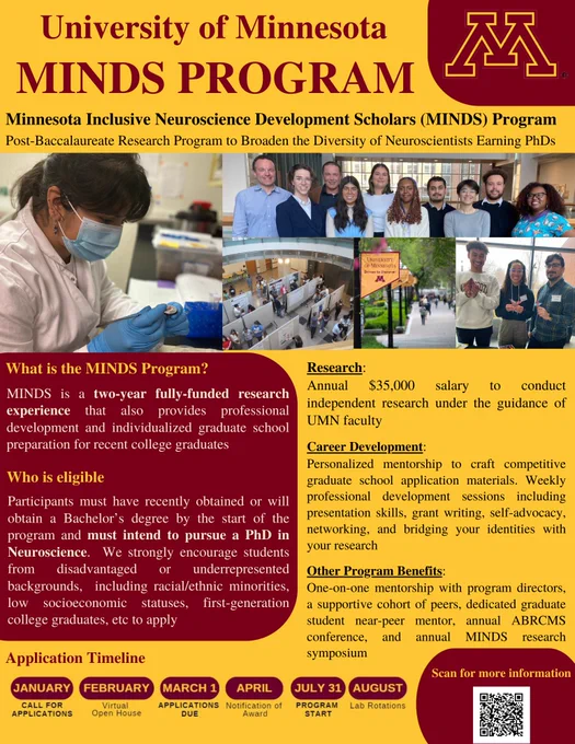 A gold and maroon flyer for the Minnesota Inclusive Neuroscience Development Scholars Program. The top of the flyer reads “University of Minnesota Minnesota Inclusive Neuroscience Development Scholars (MINDS) Program Post-Baccalaureate Research Program to Broaden the Diversity of Neuroscientists Earning PhDs”. Underneath that are several photos of current scholars doing research, presenting at the annual symposium and doing outreach. On the left side of the flyer is a maroon box with white text that reads: “MINDS is a two-year fully-funded research experience that provides professional development and individualized graduate school preparation for recent college graduates. Participants must have recently obtained or will obtain a Bachelor's degree by the start of the program and must intend to pursue a PhD in Neuroscience. We strongly encourage students from disadvantaged or underrepresented backgrounds to apply” and there is a QR code for more information on the bottom right corner.