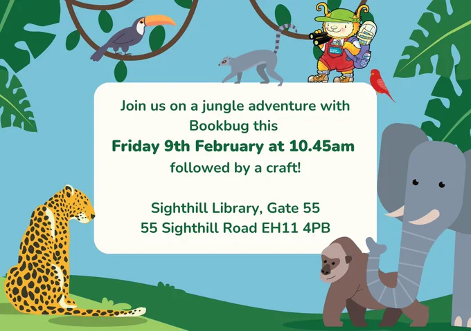 image description: above information in green font inside a white textbox. The poster border is a jungle/rainforest scene. A cheetah, gorilla and elephant are at the bottom. Scottish Book Trust's Bookbug Explorer logo, red bird, ring-tailed lemur and toucan are at the top. There are leaves and vines.
