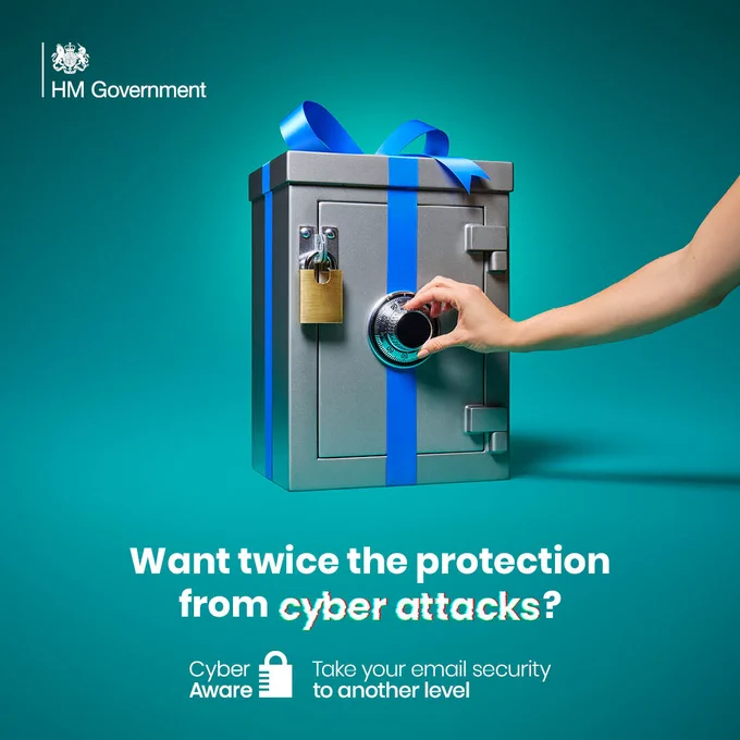 Image shows a safe with both a locked padlock and a dial lock. Caption reads: Want twice the protection from cyber attacks? Take your email security to another level