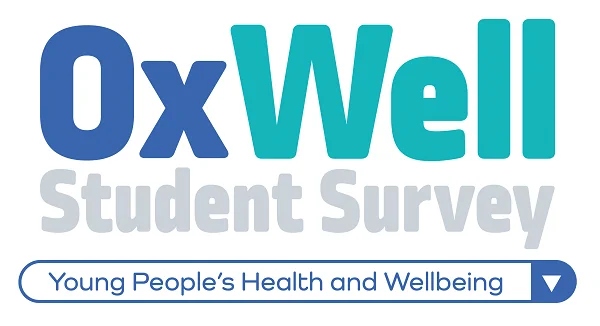 Logo of the OxWell Student Survey: varying shades of blue and grey text that says ‘OxWell Student Survey’ above a search bar with the words ‘Young People’s Health and Wellbeing'