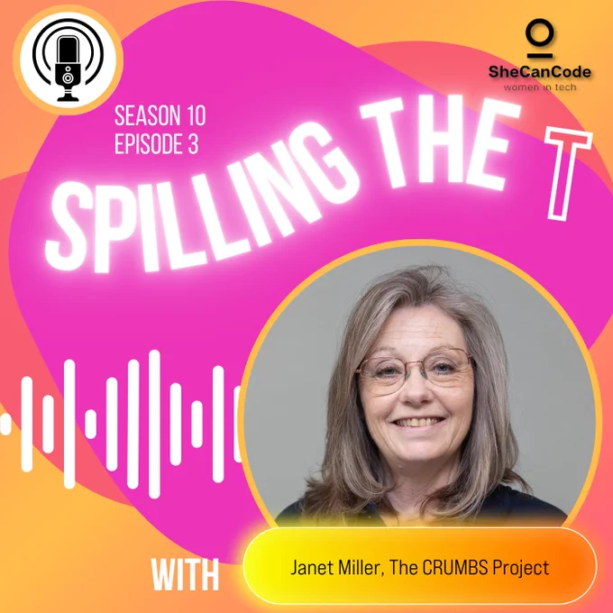Graphic with title 'spilling the T' and photo of Janet Miller smiling. 