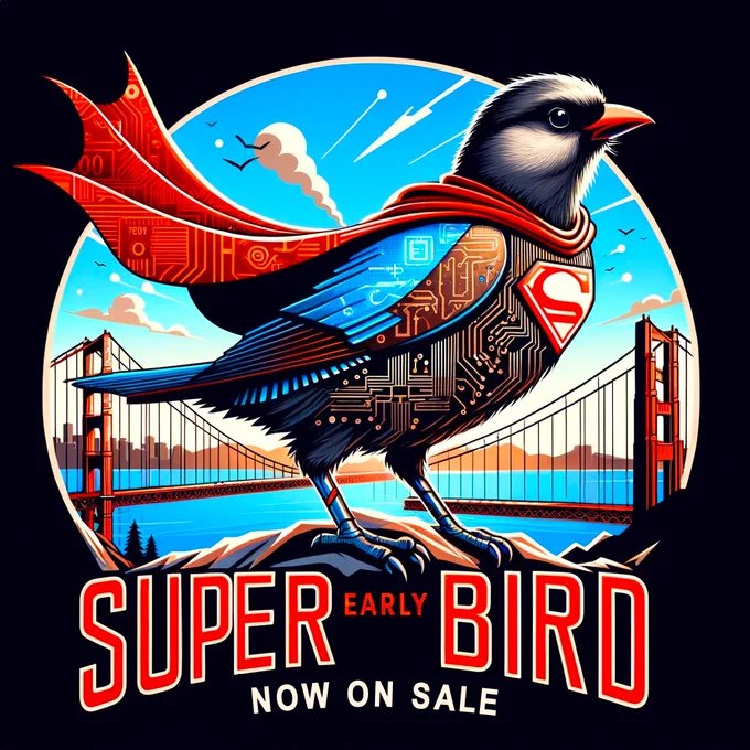 A stylistic cartoon of a bird in a superhero outfit, perched on a rock in the hills, with the SF Bay and Golden Gate Bridge in its background. 