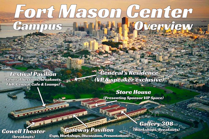 A bird's eye view of the Fort Mason Center campus, with arrows pointing to the various buidings on campus, with the beautiful SF city skyling in the background.