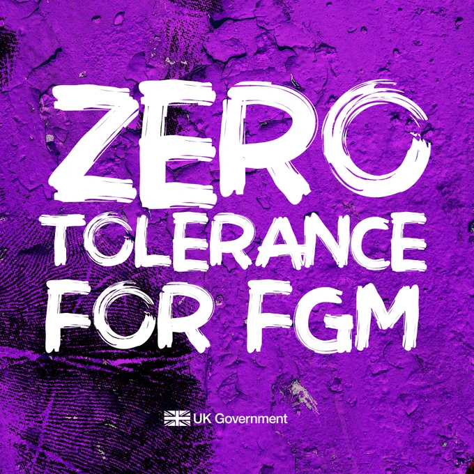 Illustrative graphic that reads 'Zero tolerance for FGM' (Female Genital Mutilation) in white text on a purple background, with a UK Government logo at the bottom.