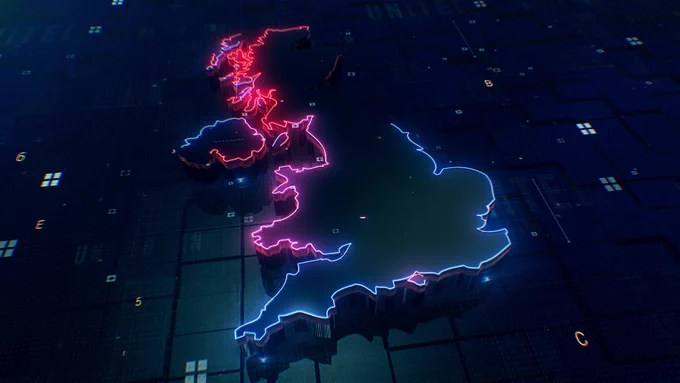 Concept image of a map of the UK where points are connected by lines of light.