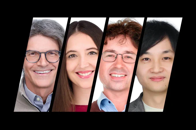 The recipients of the 2024 Vilcek Foundation Prizes in Biomedical Science. From left to right: Luciano Marraffini, Gerta Hoxhaj, Tomasz Nowakowski, and Takanori Takebe.