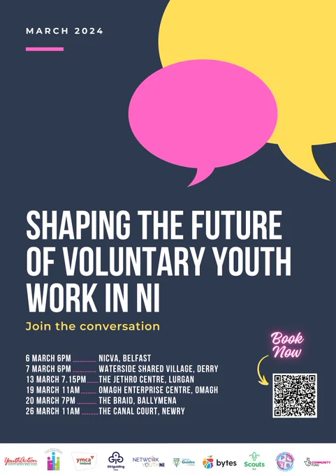 Graphic with text that reads: 'Shaping the future of voluntary youth work in NI - Join the conversation'. There is a list of upcoming workshop dates and a link to the website booking page.