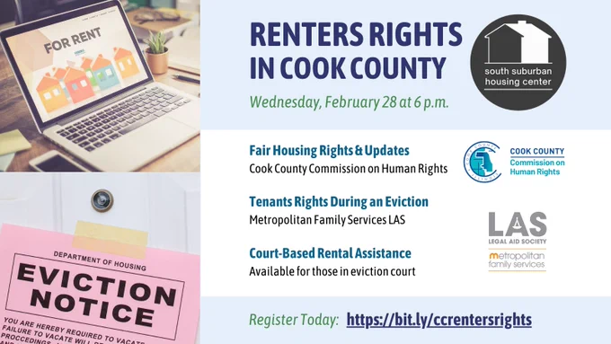 Renters Rights in Cook County webinar is February 28 at 6 PM. The graphic includes images of a for rent advertisement on a laptop screen and an eviction notice on pink paper.