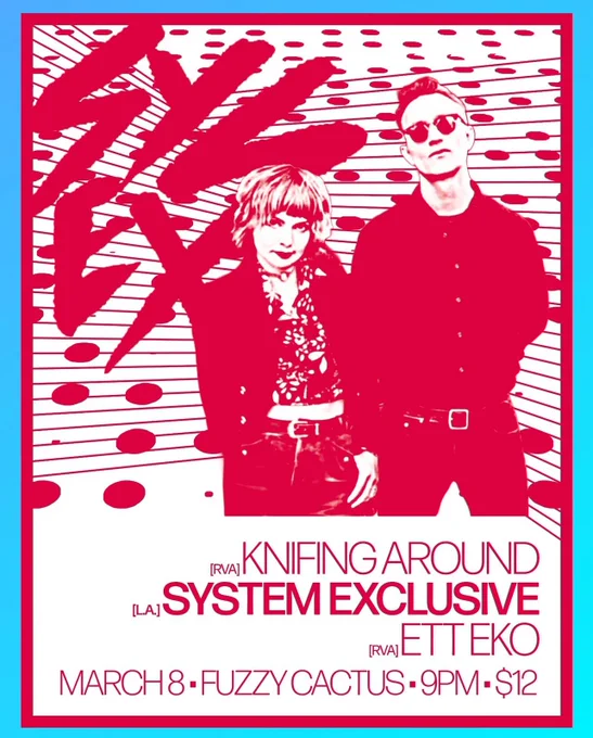 poster with small light blue frame, top half of flier is image of band system exclusive in mono red and white

text below image 
knifing around 
system exclusive [L.A.]
Ett Eko
march 8 
fuzzy cactus 
9pm 
$12