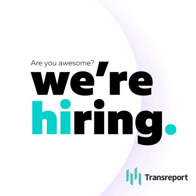 Black central title: we’re hiring. The letters “h”, “I” and full stop are in teal. Above this in a smaller font: Are you awesome? Largely white background with faded lilac on the right hand side. The Transreport logo in the bottom right corner is black text with 4 teal pillars.