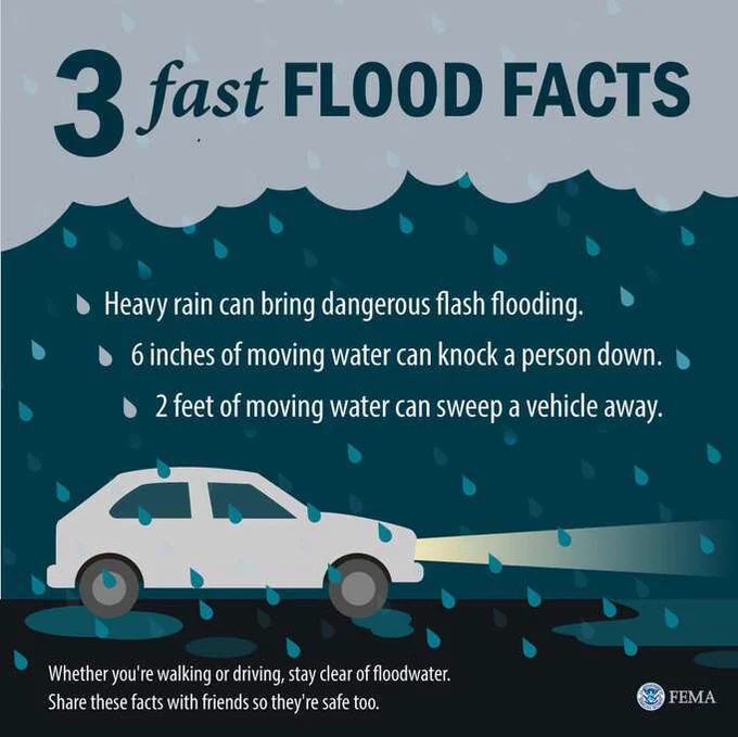 Graphic shows a car driving through a storm. 3 fast flood facts with the message: whether you're walking or driving, stay clear of floodwater. Share these facts with friends so they're safe too.