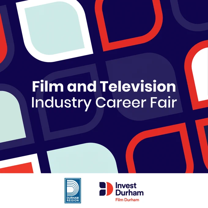 Image with different colours in the background, with the words Film and Television Industry Career Fair. Also includes the Durham Region and Invest Durham logos.