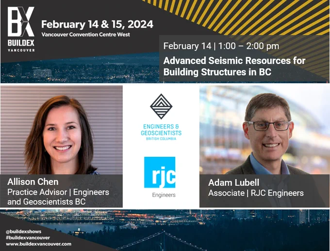 Have you registered?
Adam Lubell is co-presenting with Allison Chen from @EngGeoBC about Advanced Seismic Resources for Building Structures in BC. See them at#BUILDEXVancouver, Feb 14 at 1:00pm PT
Reg here: https://bit.ly/42rkl6g
#SeismicRetrofits #Engineering 