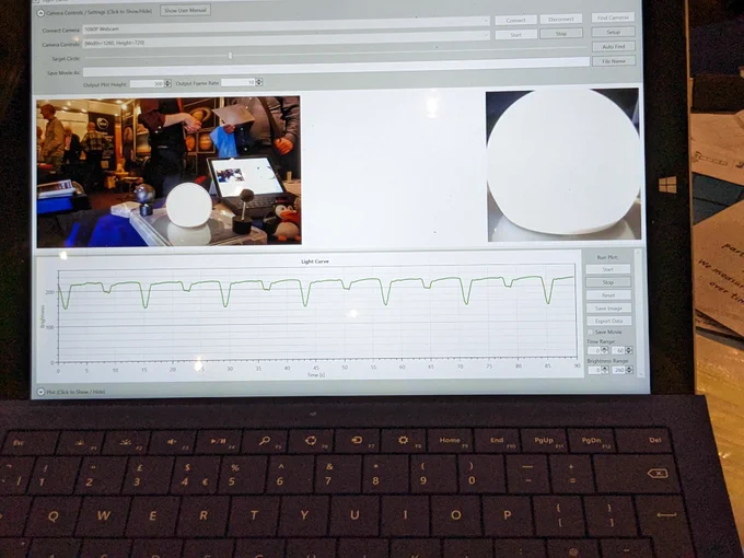 Picture of a computer screen showing a graph with dips in it - demonstrating how the graph of a star looks when an exoplanet passes in front of it