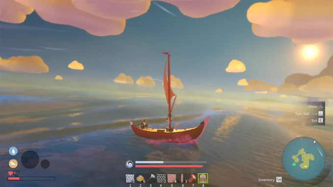 A screen shot of the game Breakwaters with a boat in open ocean at sunrise with soft lighting on the clouds.