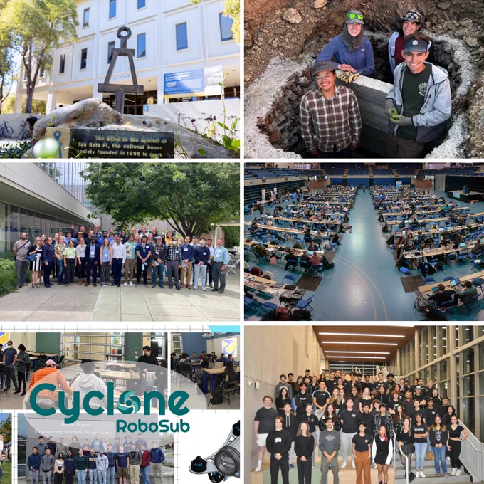 A collage of six images show student teams and organizations 