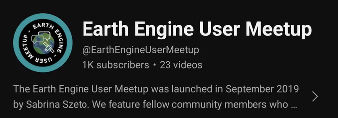 Screenshot of Earth Engine User Meetup's YouTube channel header showing 1000 subscribers