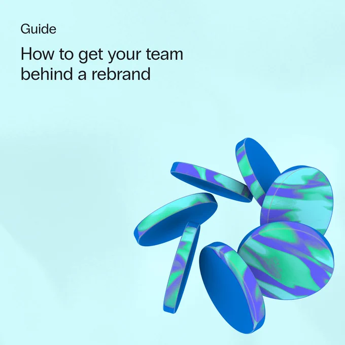 The title page for 'How to get your team behind a rebrand', with a set of patterned blue 3D rotating discs representing the idea of organisation.