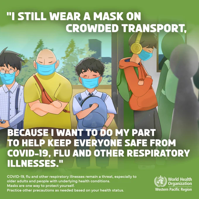 A businessperson, a man in casual clothing and young people wear a mask on a train.

Text: "I still wear a mask on crowded transport. Because I want to do my part to help keep everyone safe from COVID-19, flu and other respiratory illnesses. COVID, flu and other respiratory illnesses remain a threat, especially to older adults and people with underlying health conditions. Masks are one way to protect yourself. Practice other precautions as needed based on your health status.