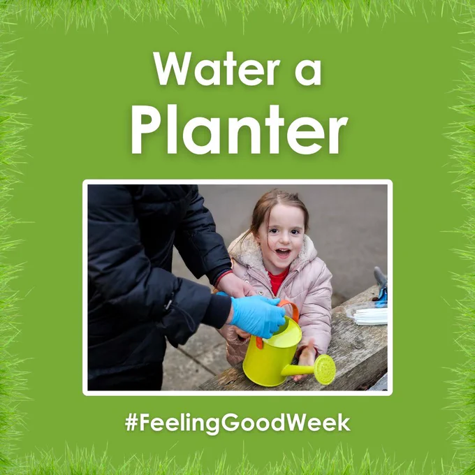 White text on a green background with grass border: Water a Planter. Photograph of a young child laughing and looking into the camera, holding a brightly coloured watering can with the help of an adult. 