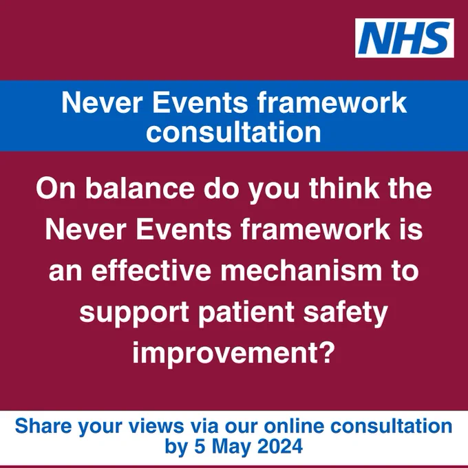 Never Events framework consultation

On balance do you think the Never Events framework is an effective mechanism to support patient safety improvement?

Share your views via our online consultation by 5 May 2024.